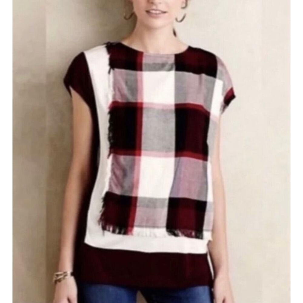 Anthropologie Postmark Women's Plaid Dolman Sleeve Cranberry Blouse Size XS